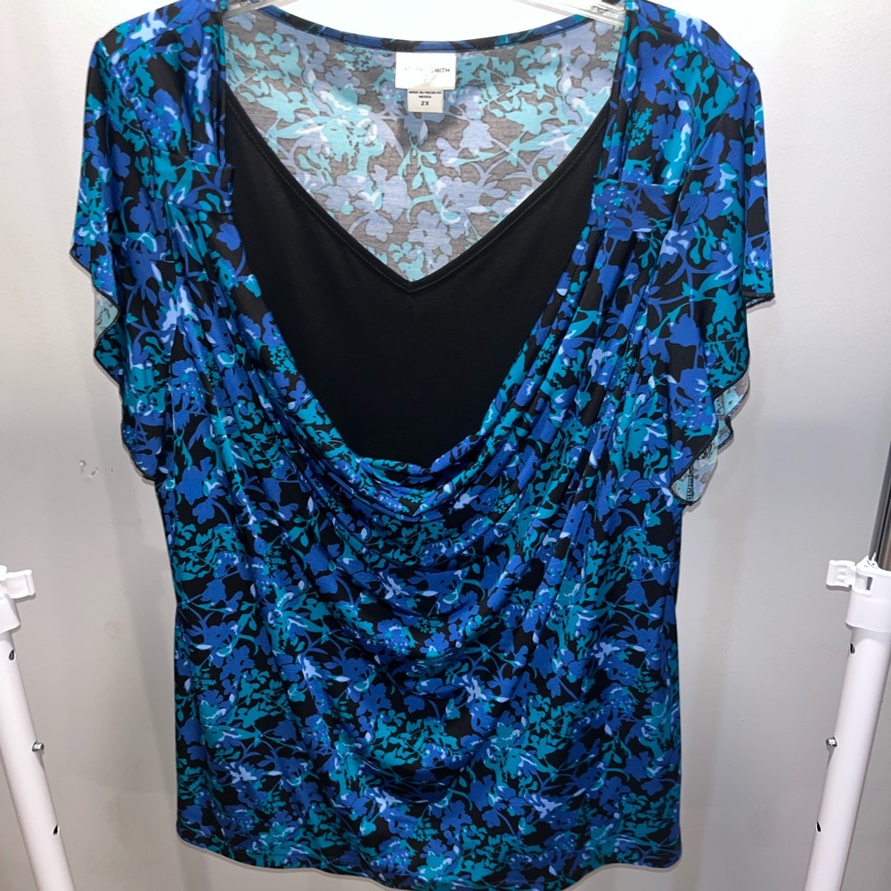 Floral Blue and Black Women's Top